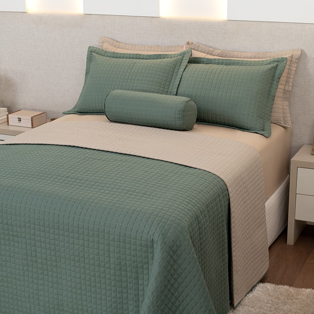 COBRE LEITO PLAZA QUEEN DUPLA FACE 03 PCS POL. - VERDE FLORESTA/BEGE